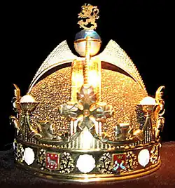 Replica of the crown designed for the Finnish monarch, who never reigned. A contemporary crown was never crafted, but the replica was made from original drawings in the 1980s.