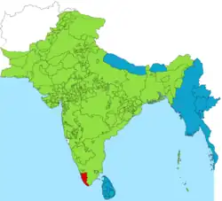 Location of the kingdom of Travancore (red) in 1940's British India (green)