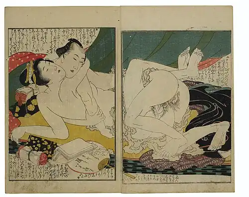 Page with a couple lying on a futon, having sex, with an open book in front of them.