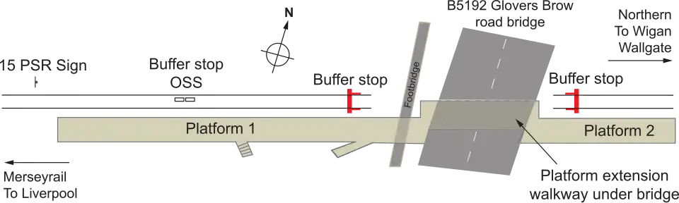 A diagram showing the layout of the station. The two lines are separated by buffer stops and a passenger walkway.