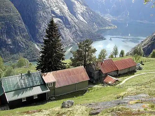 Kjeåsen in the Eid Fjord. The Simadal Fjord—the innermost part of the Eid Fjord and Hardanger Fjord—lies in the background.