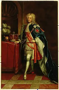 After Sir Godfrey Kneller, George II, King of England (1683-1760), ca. 1727–32, the monarch who issued the letters patent establishing the College of New Jersey, now Princeton University[43]