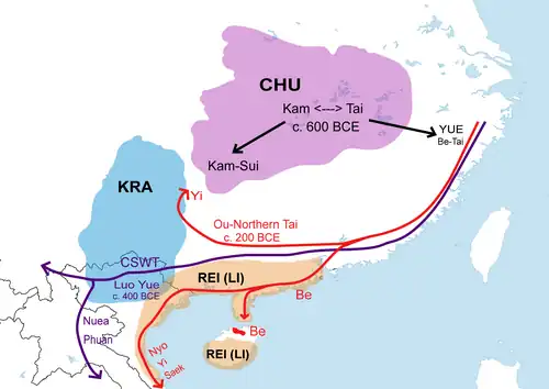 Kra-Dai (Tai-Kadai) migration route according to James R. Chamberlain (2016).[14]