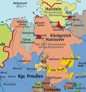 Kingdom of Hanover, 1815–1866 comprising most of old Stem duchy of Saxony