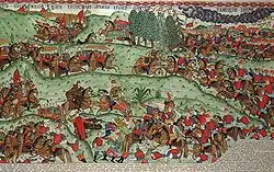 The Battle of Kulikovo. A large-scale hand-coloured lubok by I. G. Blinov (ink, tempera, gold).