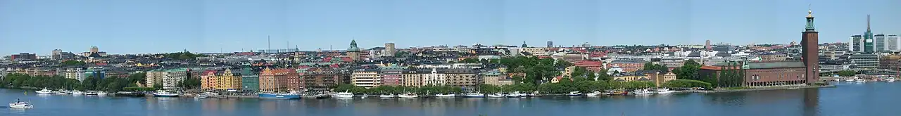 Panorama of Kungsholmen, view from Södermalm. The City Hall is on the far right (June 2005, collage)