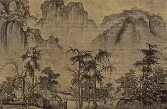 Guo Xi, Clearing Autumn Skies over Mountains and Valleys, ink and light lolor on silk, China. Northern Song dynasty  1070, detail from a horizontal scroll.