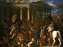 Painting showing battle and destruction around a large columned temple, with soldiers looting objects, including a menorah