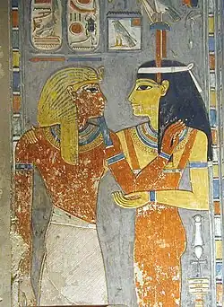Horemheb is embraced by Hathor as Imentet, Mistress of the West