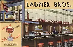 A postcard image featuring exterior and interior images of a bar, and a glass of Cohasset Punch.
