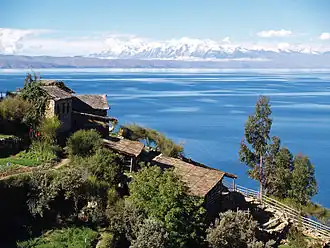 Titicaca Lake near La Paz with the Andes in the background.