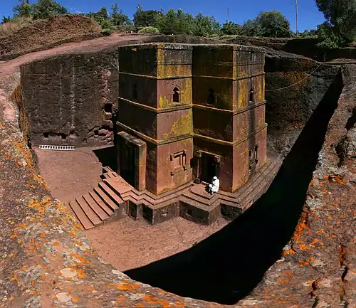 Image 21One of the eleven Rock-hewn Churches of Lalibela constructed during the Zagwe dynasty in Ethiopia (from Human history)