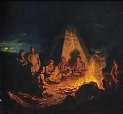 A painting showing a group of Sámi people seated around a campfire at night beside a tent, illuminated by the firelight in a dark outdoor setting.