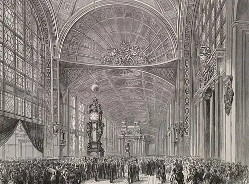 Monumental conical clock by Eugène Farcot at the hall of the Galerie d'Iéna of the Palais du Champ-de-Mars
