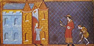 Two lepers denied entrance to town. Woodcut by Vincent of Beauvais, 14th century