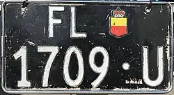 Liechtenstein dealer license plate, special series for trailers (FL 17××·U), introduced in 1977, discontinued in 2001.