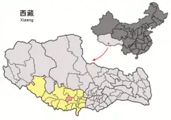 Location of Lhatse County (red) within Shigatse City (yellow) and Tibet