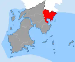 The location of Shamen Town (highlighted in red in the image) within Yuhuan City.
