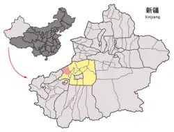 Location of Uqturpan County (red) within Aksu Prefecture (yellow) and Xinjiang