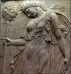 A maenad (follower of Dionysus) holding a thyrsus topped with a pine cone. Roman, 120–140 AD