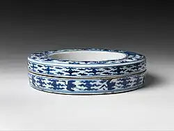 Jingdezhen blue and white covered box, Ming dynasty, Jiajing period (mid-16th century). Metropolitan Museum of Art.