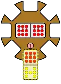 A 9-7 domino is placed leading south from the station hub, which has a double-9 domino as the engine.