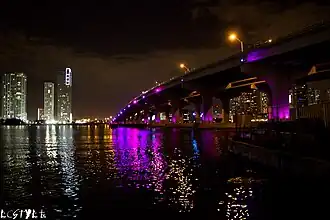 Macarthur Causeway at night as seen from Watson Island