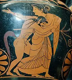 Detail of a red-figure amphora depicting a satyr assaulting a maenad, by Pamphaios (potter) and Oltos (painter), c. 520 BC, Louvre
