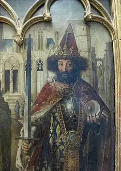 Saint Charlemagne in the Crucifixion of the Parlement de Paris&nbsp;[fr], mid-15th century, Louvre