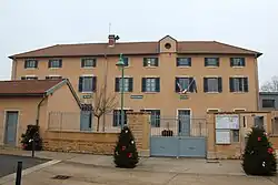 Town hall, library, and school