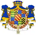 Arms of the Dukes of Uzès, with the blue mantle and bonnet of a peer, and the collars of the ordres du roi