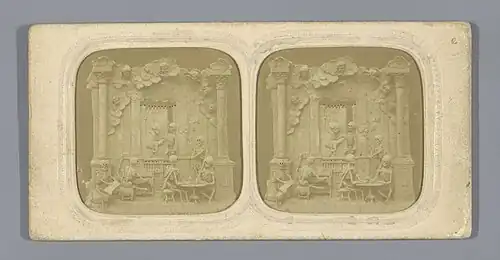 Sepia stereoview of skeleton figures gathered in a richly decorated room with columns and clouds, arranged as though conversing or playing cards at small table