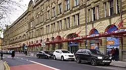 Station façade and canopy, with names of destinations