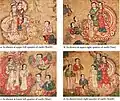 Four salvation-seeking souls shown around the foot of Mount Meru.