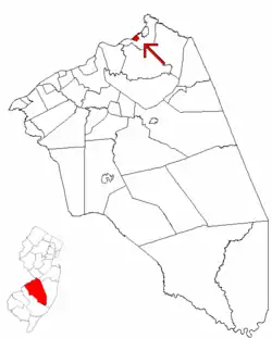 Location of Fieldsboro in Burlington County highlighted in red (right). Inset map: Location of Burlington County in New Jersey highlighted in red (left).