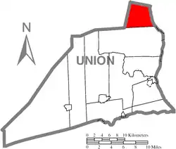 Map of Union County, Pennsylvania highlighting Gregg Township
