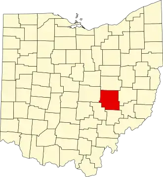 Map of Ohio highlighting Muskingum County
