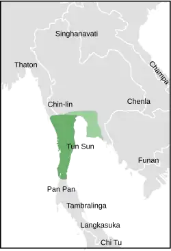 Territory of Tun Sun (1st-6th centuries CE) and the neighbors. Dark Green: Territory before gaining independence from Funan, proposed by Lawrence Palmer Briggs in 1950;[2]: 260  Light Green: As Kamalanka, territory expanded after gaining independence, proposed by George Cœdès in 1924[2]: 269 