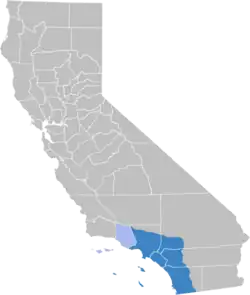 Location of the South Coast in California (The lighter shaded area includes Central Coast counties that are included in some definitions)