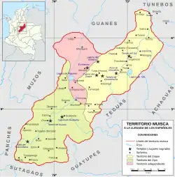Map of the Muisca territory according to Falchetti and Plazas in the 1970s. This map has received criticism, however, as it mainly uses the late 17th century chronicler Lucas Fernández de Piedrahita, considered unreliable.[2] According to colonial documents, the confederations of Sogamoso and Duitama were independent of Tunja and had great importance.[3]