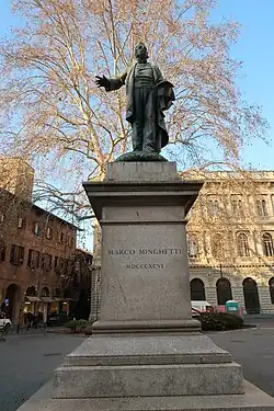 Bronze Statue (1896) of Marco Minghetti (1818-1886), Italian right-wing politician, in Piazza Minghetti, Bologna, Emilia-Romagna, Italy by sculptor Giulio Monteverde (1837-1917)