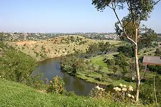 View of city skyline and Maribyrnong River at Essendon West