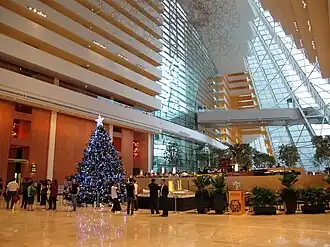 Inside the hotel lobby at Christmas time