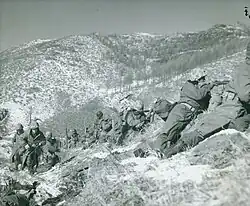 A line of soldiers on a hill engaged in a battle