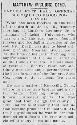 A newspaper article, containing two paragraphs, discussing McClung's death