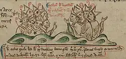 An ink drawing in a manuscript of two groups of clergy facing each other in a discussion. The clergy are drawn from the waist-up and below them is a wavy decoration in green ink.