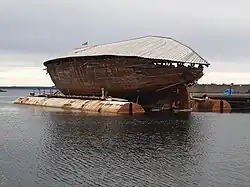 Maud with protective roof at Tofte, Norway in March 2020, while awaiting a new museum building for her.