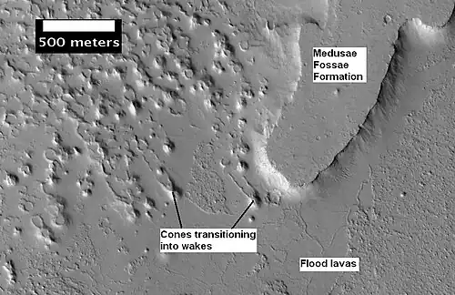 Plateau made up of Medusae Fossae materials and rootless cones, as seen by HiRISE