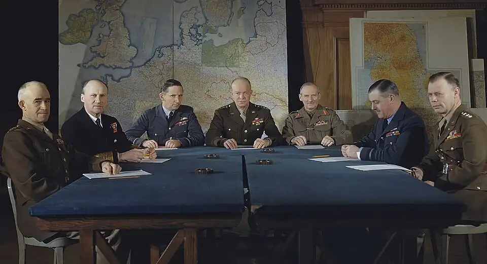 Supreme Command, Allied Expeditionary Force (SHAEF), London, 1 February 1944. Tedder sits to Eisenhower's right as Deputy Supreme Allied Commander