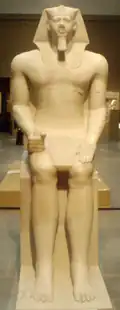Colossal alabaster statue of Menkaure at the Boston Museum of Fine Arts (possibly a usurped statue of Khafre)